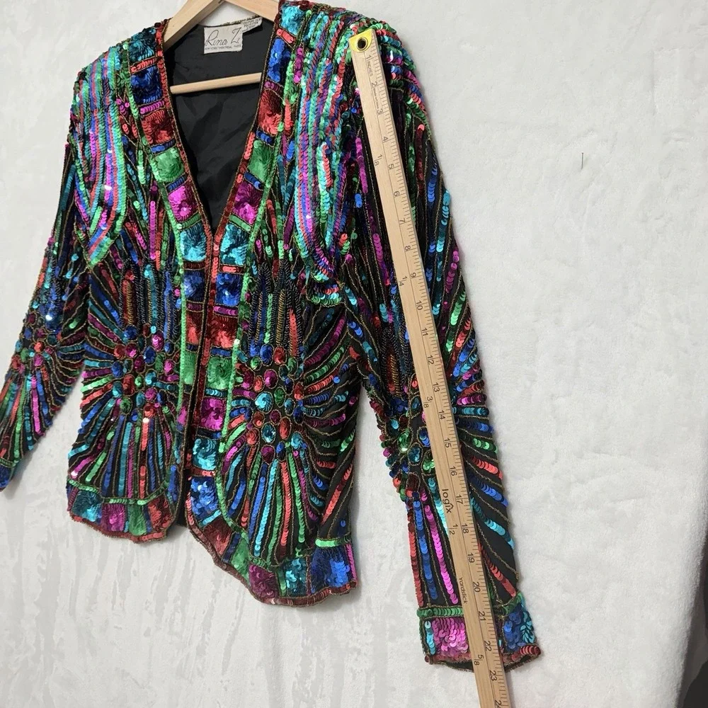 Vintage 100% Silk Sequins Party Jacket Women's Size M Festival Art Deco Rave